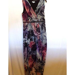 Wayne Cooper crossover sheer flowy maxi dress gray/purple floral sleeveless 16